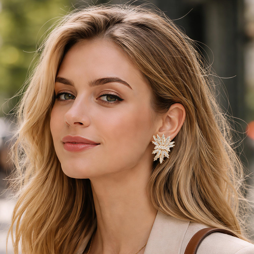 French Vintage Crystal Flower Earrings – Champagne & Clear Ice Bloom Statement Studs