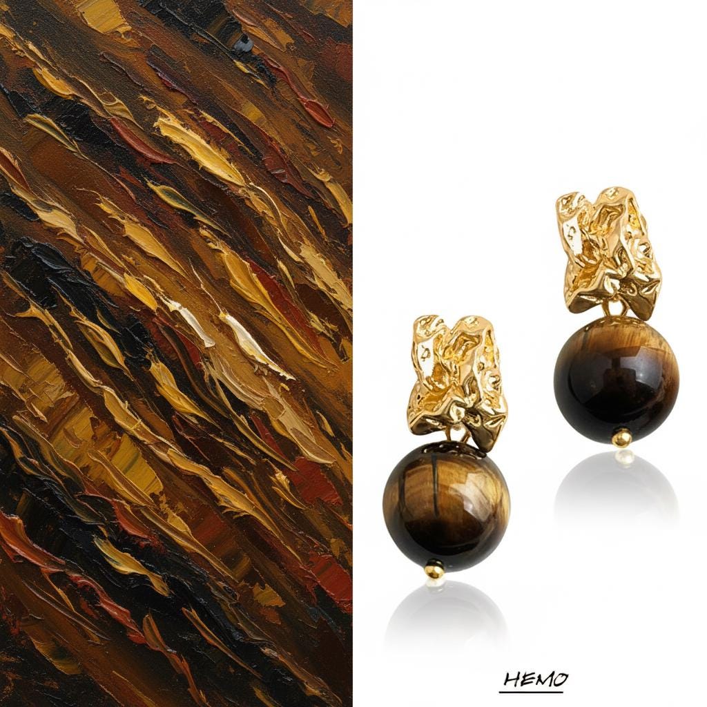 Tiger’s Eye Brass Earrings – Sculptural Gold Plated Statement Earrings