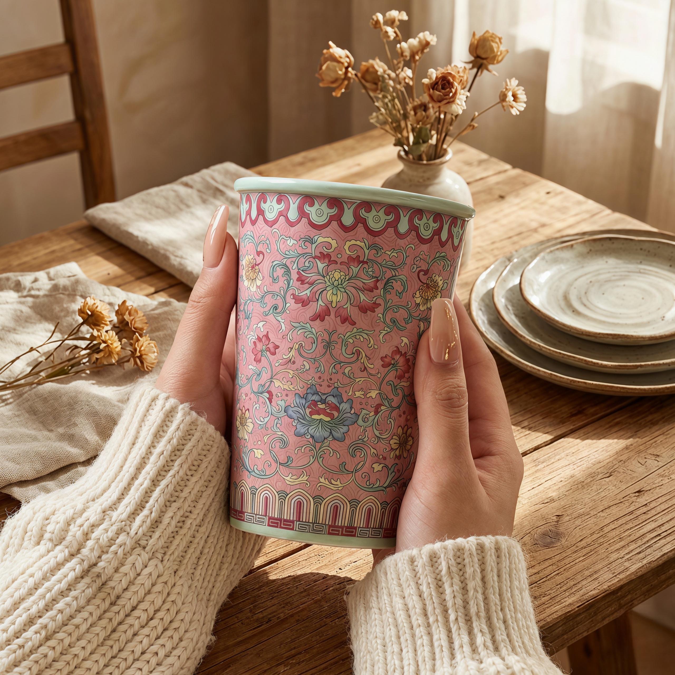 Vintage Famille Rose Ceramic Mug | Chinoiserie Floral Tea Cup