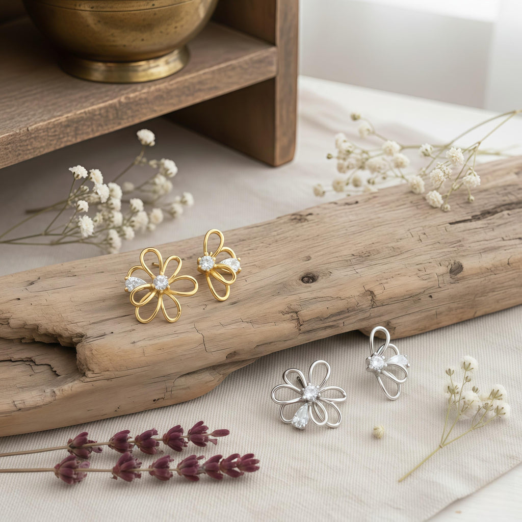 Petal Whisper Asymmetrical Flower Earrings – 18K Gold or Silver Plated with Zircon