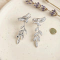 Silver Bird Branch Dangle Earrings – CZ Leaf Drop Earrings