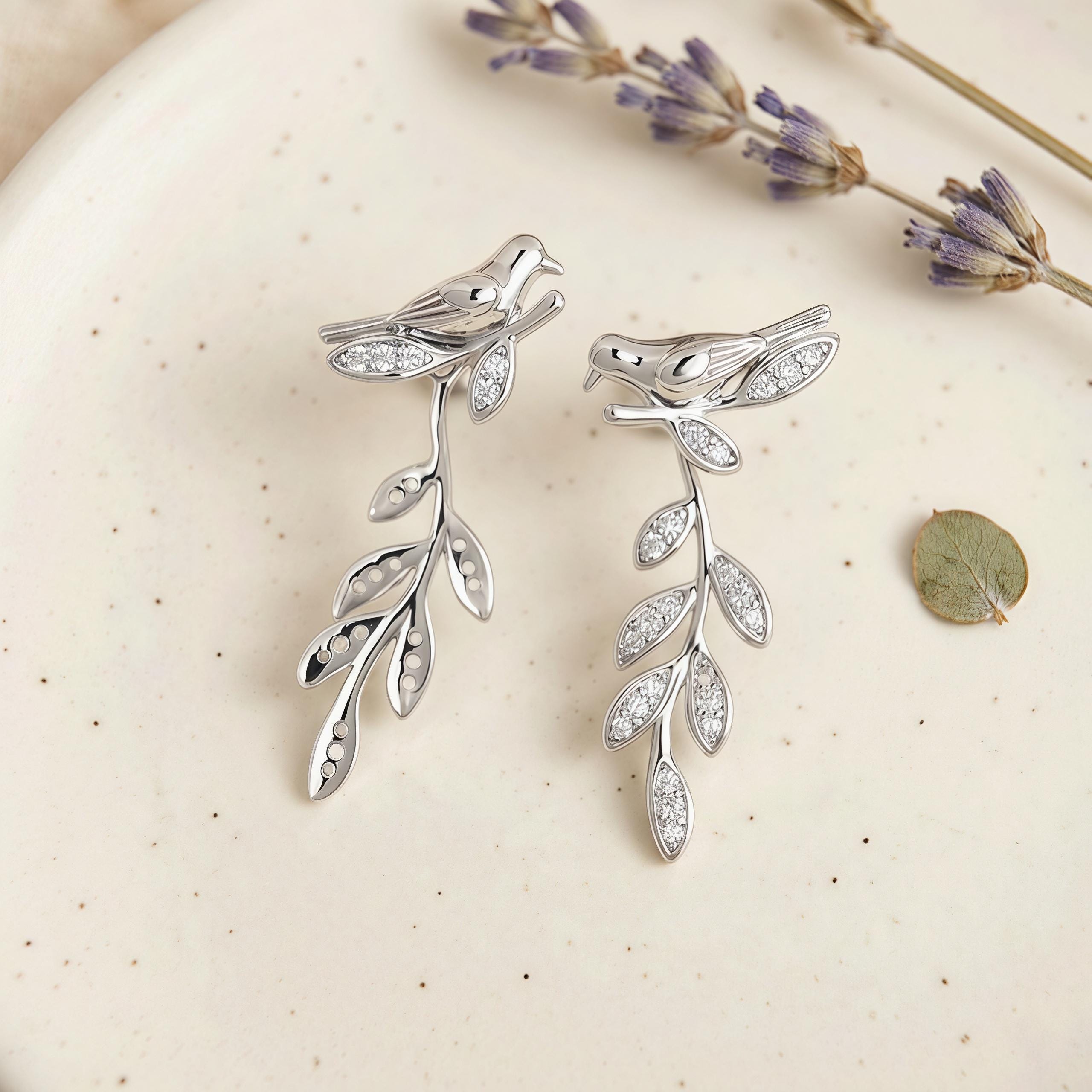 Silver Bird Branch Dangle Earrings – CZ Leaf Drop Earrings