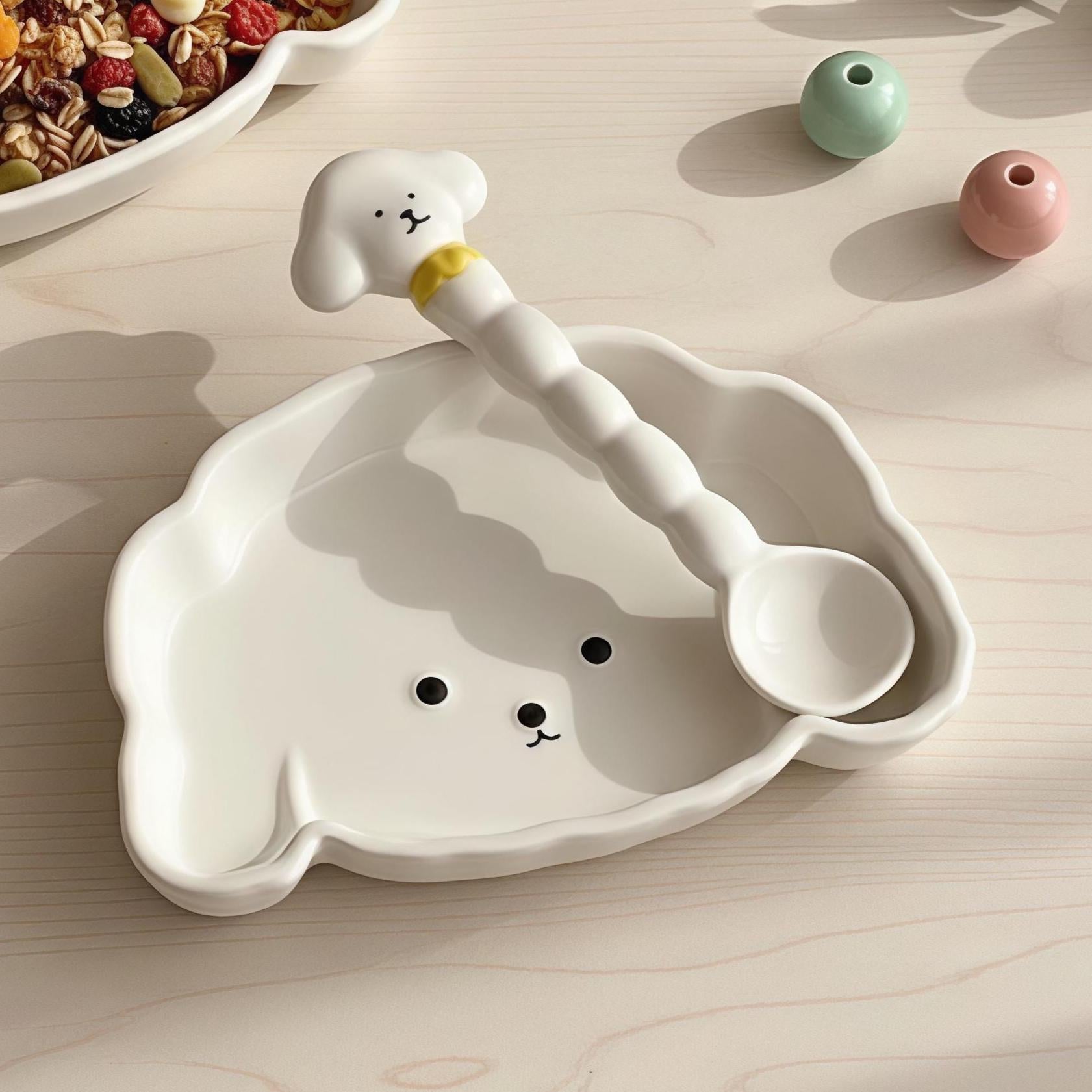 Kawaii Dog Ceramic Tableware | Puppy Shaped Plate & Spoon | Dog Lover Gift