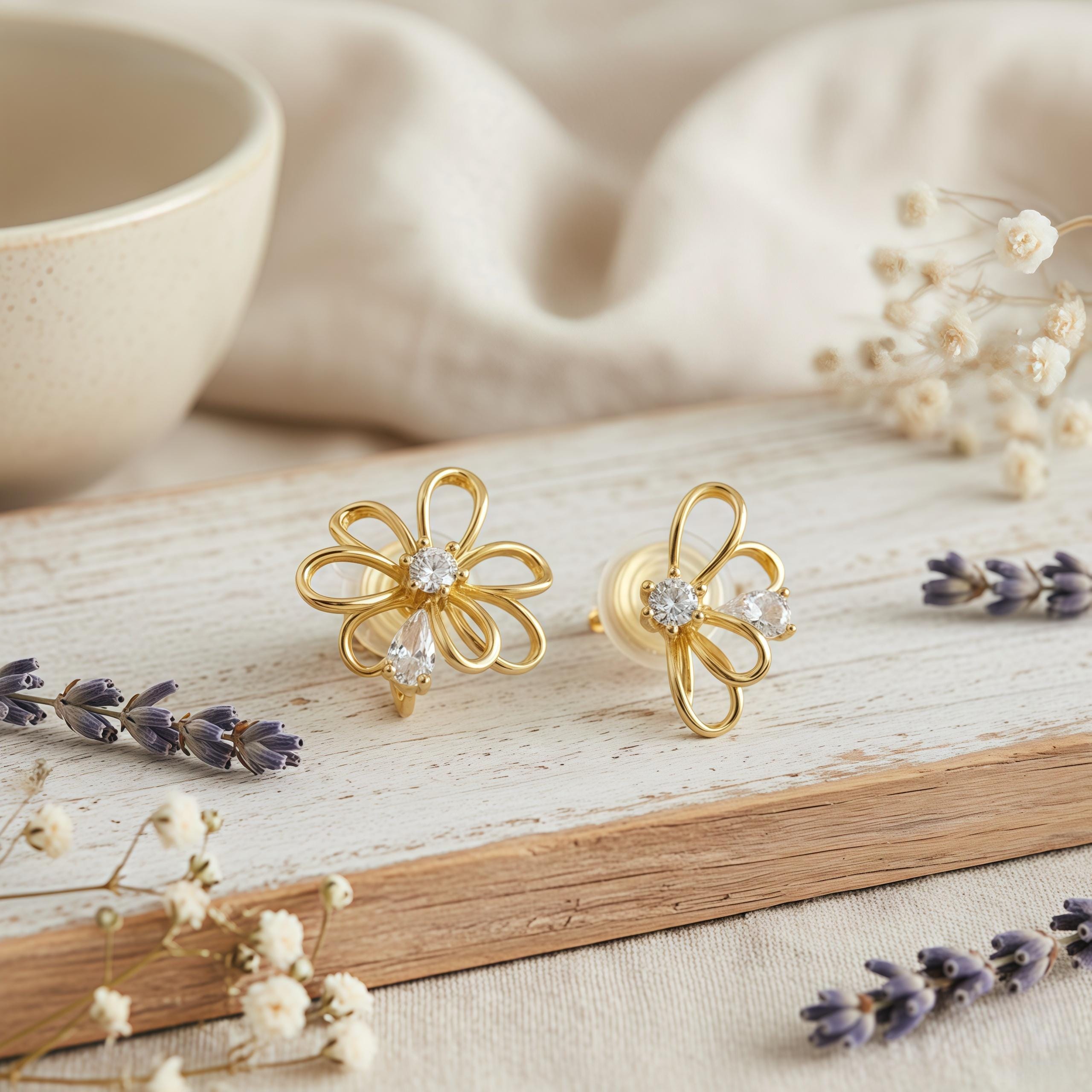 Petal Whisper Asymmetrical Flower Earrings – 18K Gold or Silver Plated with Zircon