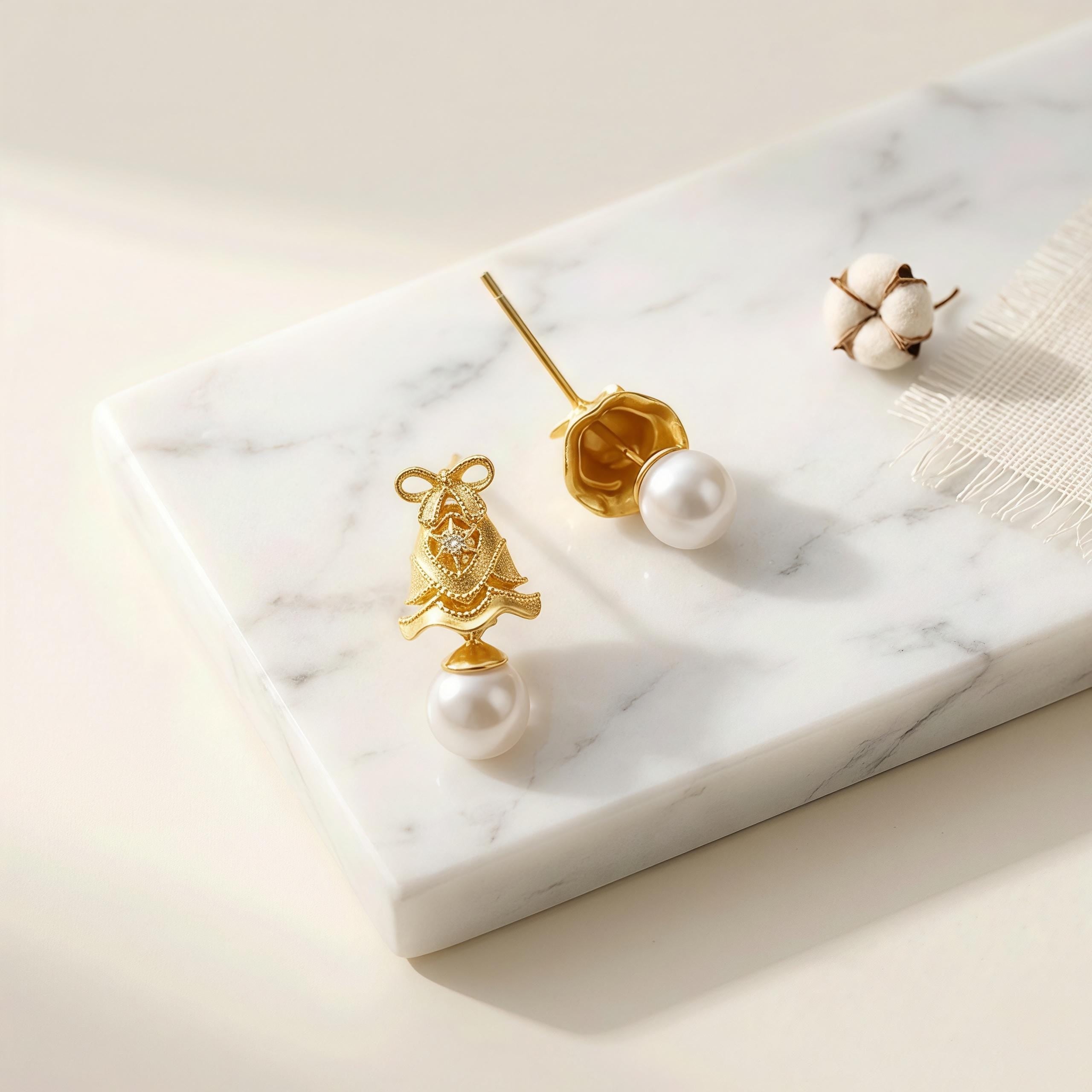Vintage Gold Pearl Drop Earrings – CZ Ribbon Bell Earrings