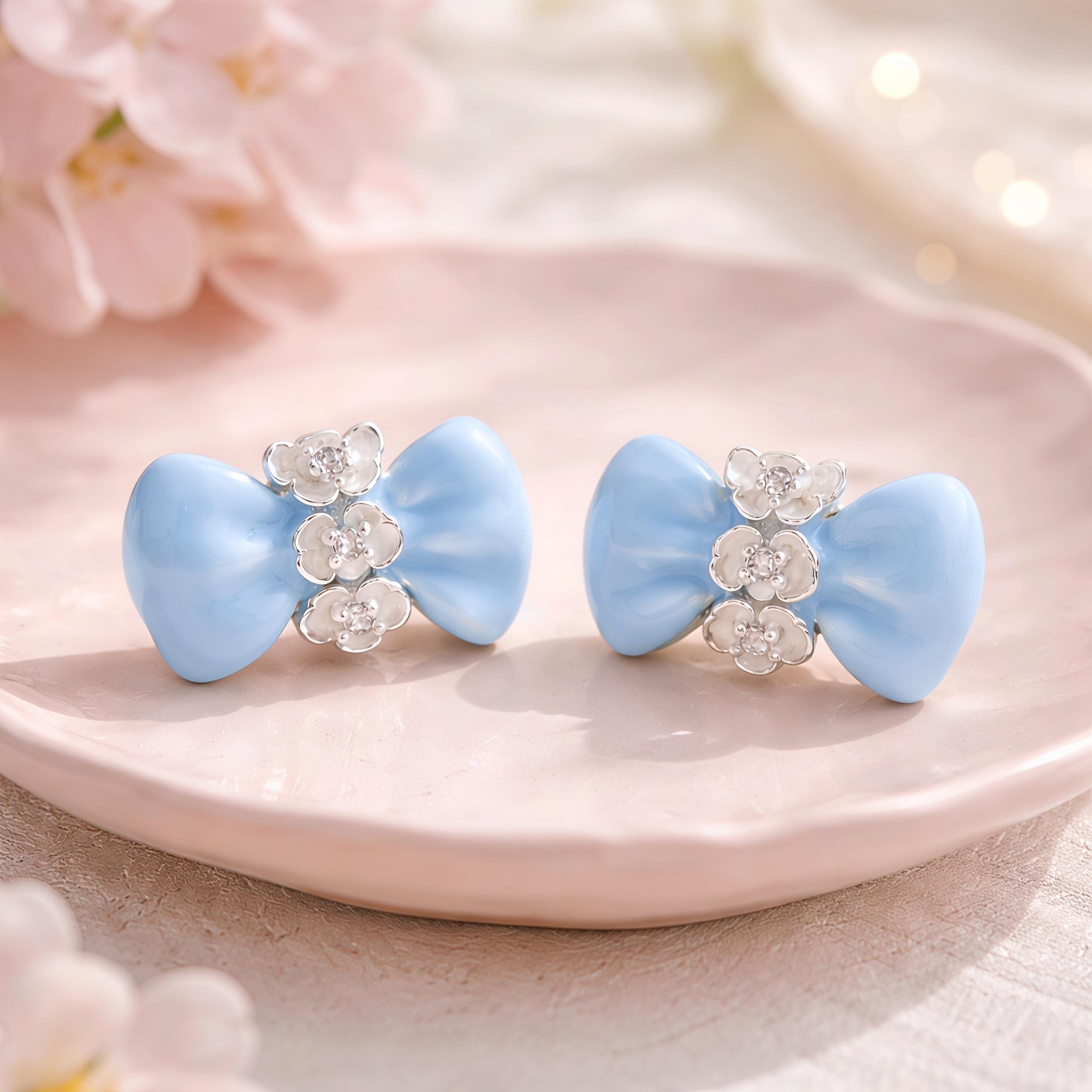 Blue Bow Flower Earrings – Enamel Zircon Studs & Clip On – 18K Gold Plated Ribbon Jewelry