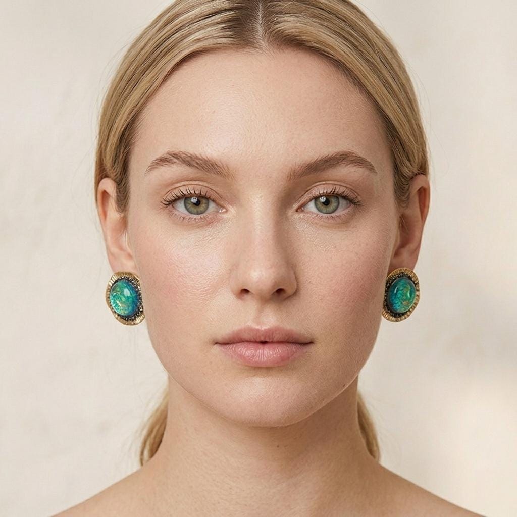 Vintage Gold Foil Glass Stud Earrings – Round Art Glass Statement Earrings
