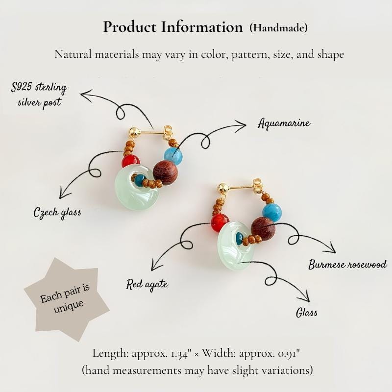 Product details of handmade aquamarine and red agate earrings with sterling silver hooks