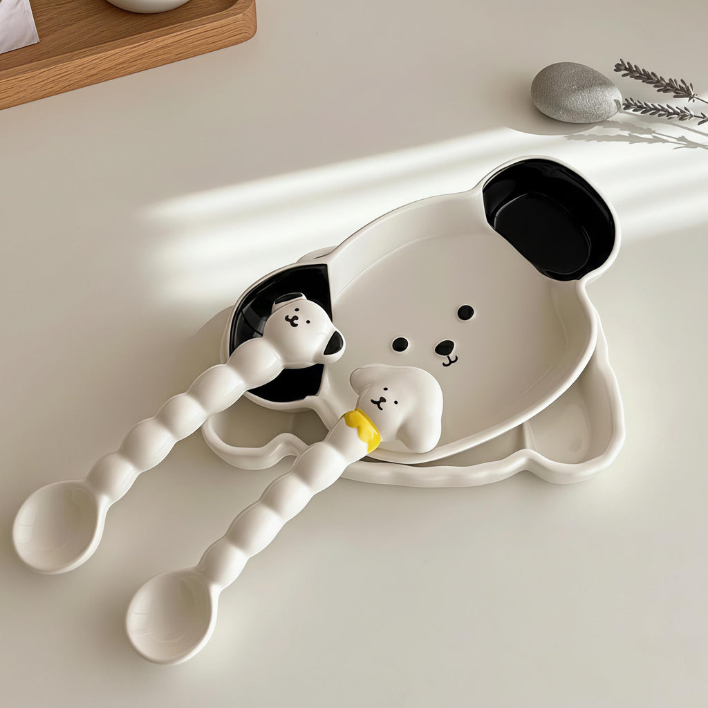 Kawaii Dog Ceramic Tableware | Puppy Shaped Plate & Spoon | Dog Lover Gift
