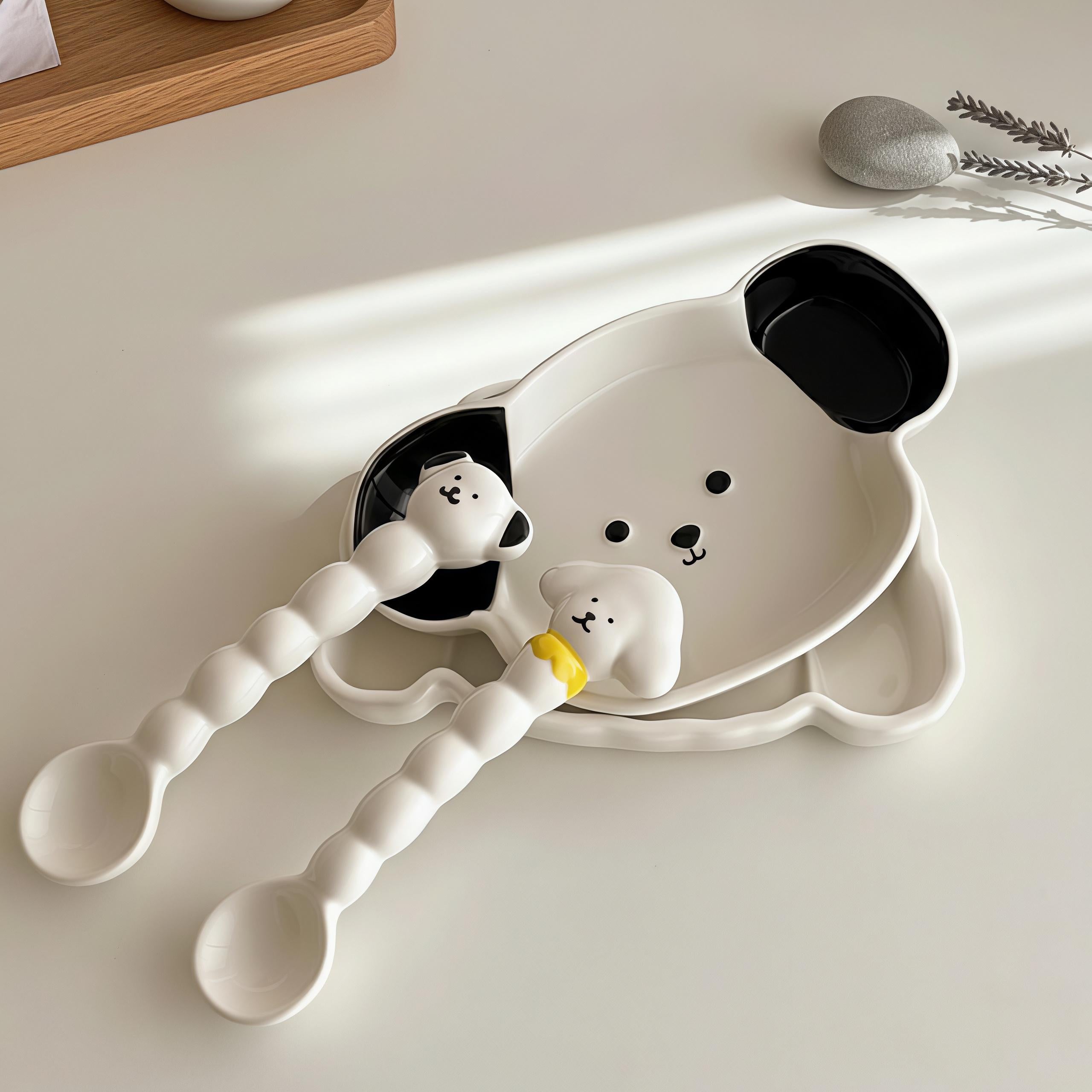 Kawaii Dog Ceramic Tableware | Puppy Shaped Plate & Spoon | Dog Lover Gift