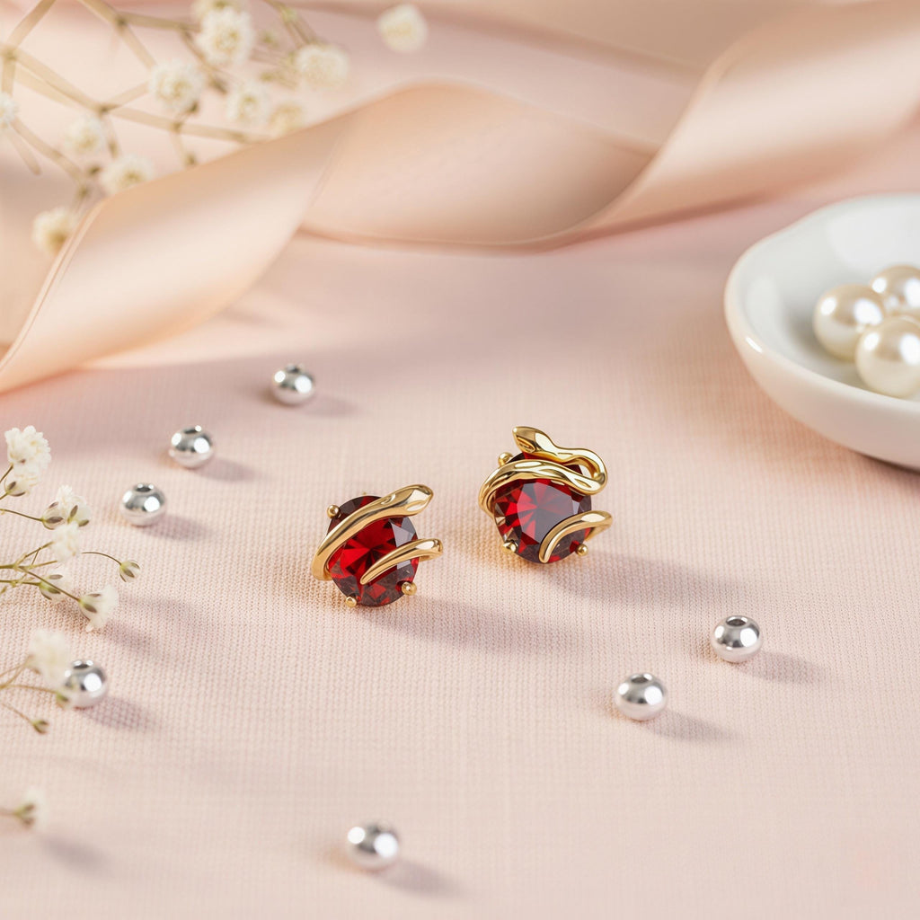 Vintage Snake Stud Earrings with Claret Red Zircon – 18K Gold Plated Serpent Jewelry