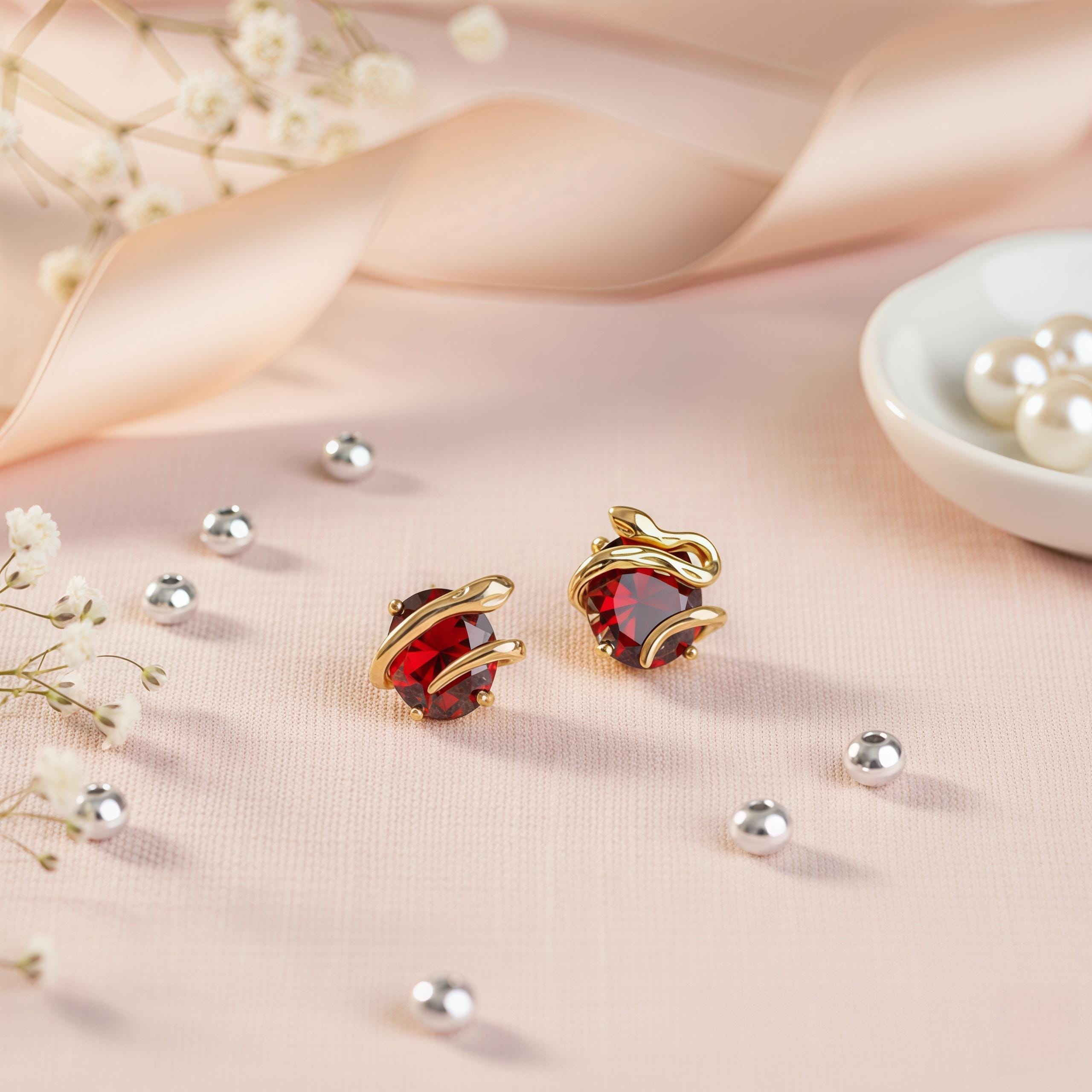 Vintage Snake Stud Earrings with Claret Red Zircon – 18K Gold Plated Serpent Jewelry