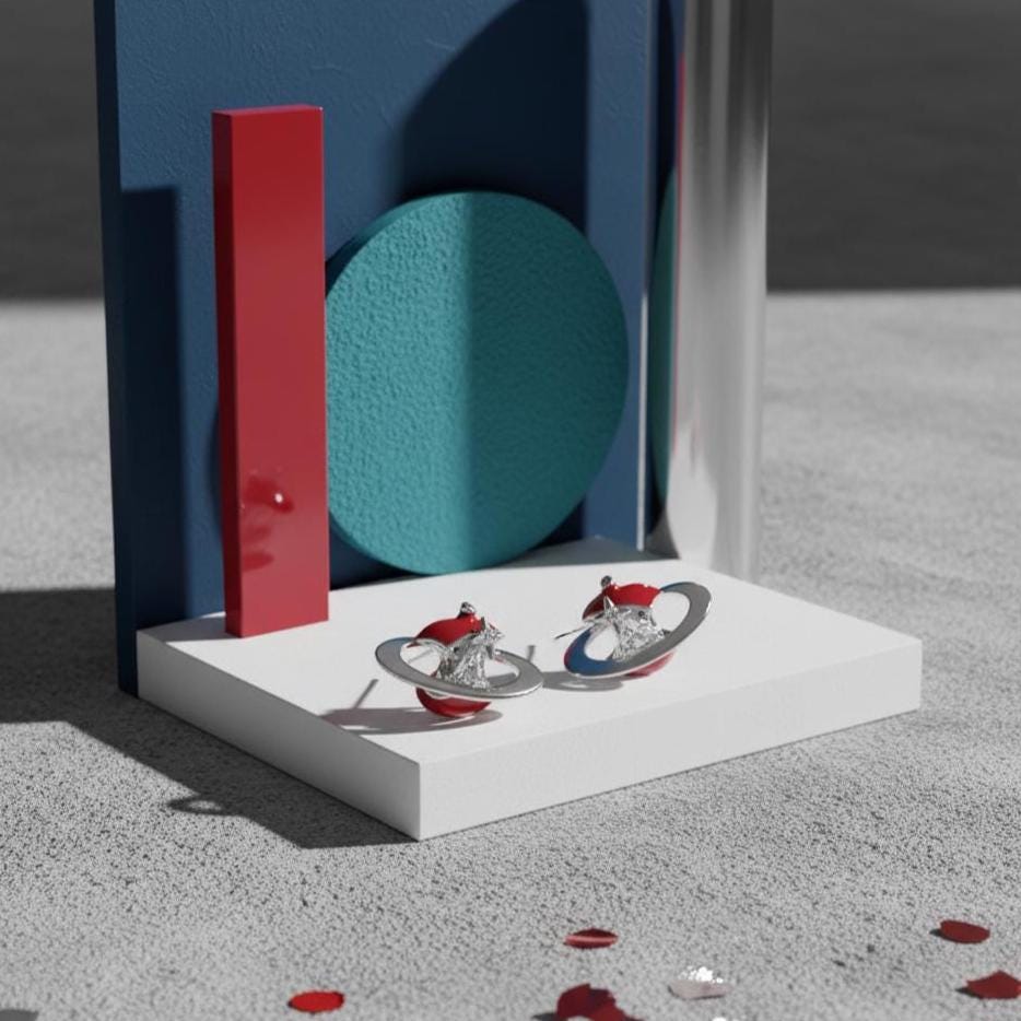 Red Enamel Apple Core Planet Earrings – Surreal Orbit Stud Earrings with CZ