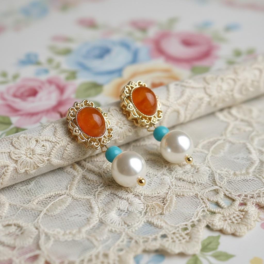 Rococo Romance Earrings – Amber, Turquoise & Pearl Filigree Earrings