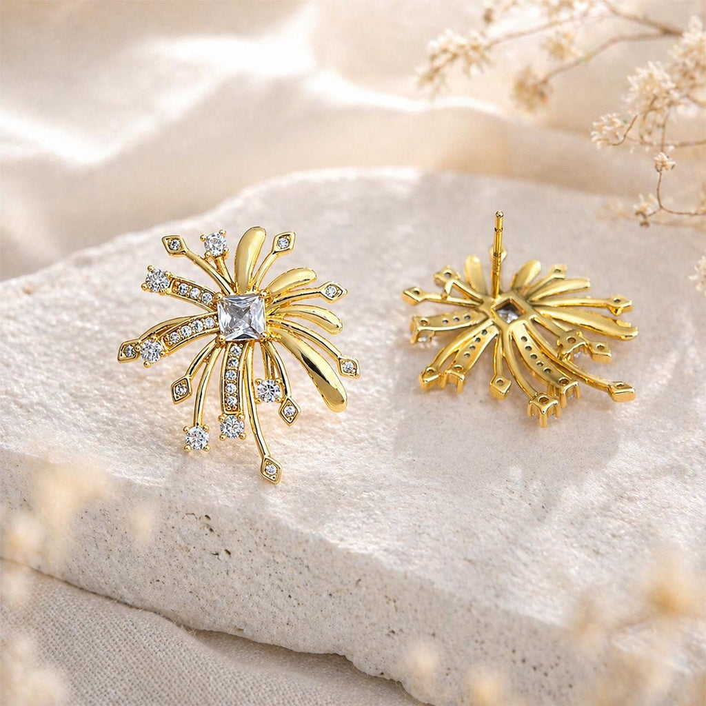 Gold Firework Stud Earrings – CZ Geometric Spark Burst Statement Earrings
