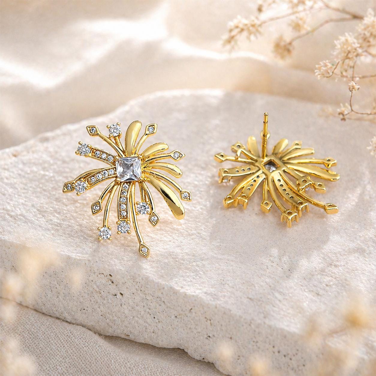 Gold Firework Stud Earrings – CZ Geometric Spark Burst Statement Earrings