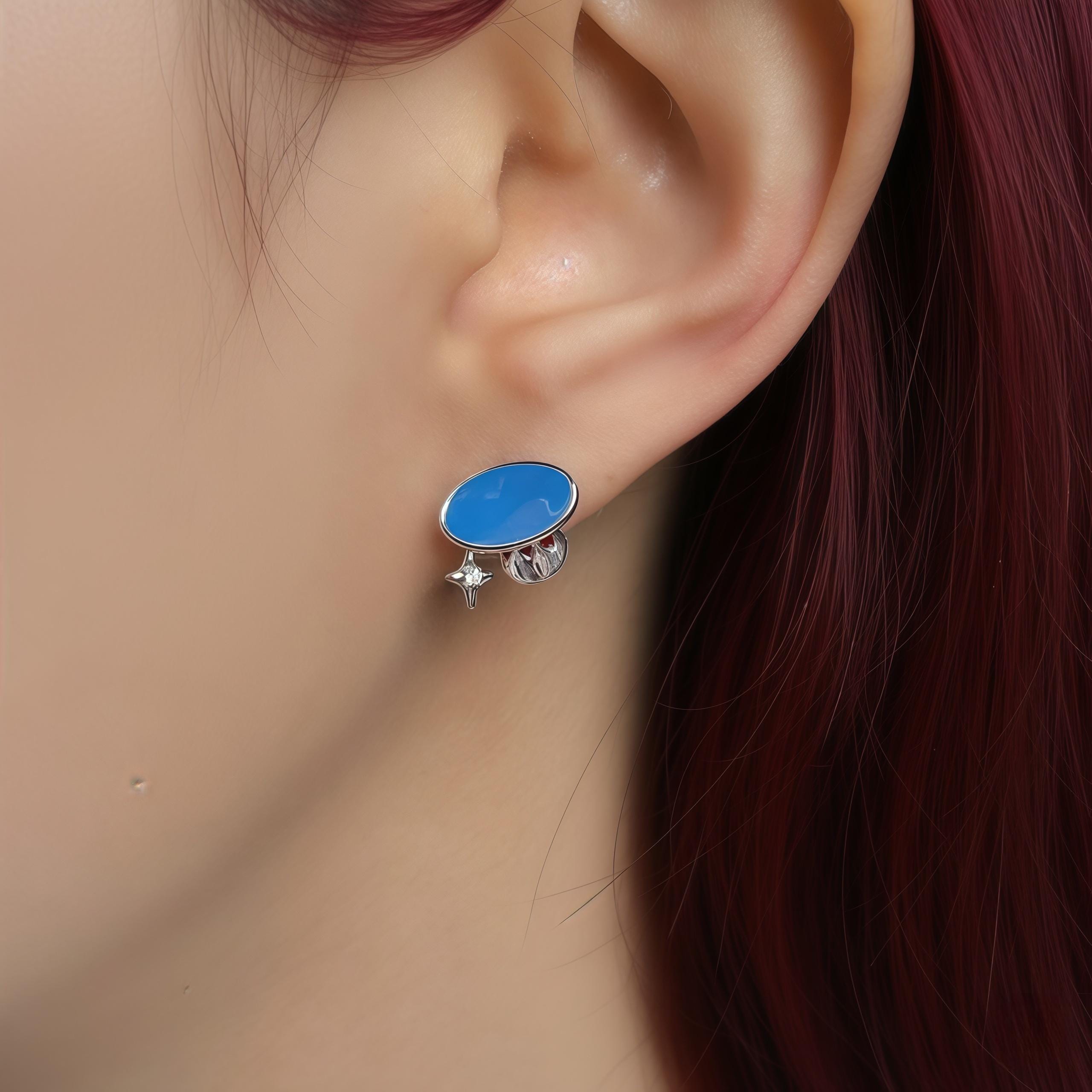 Mad Hatter Wonderland Earrings | Asymmetrical Red & Blue Enamel Studs | Rabbit and Hat Design