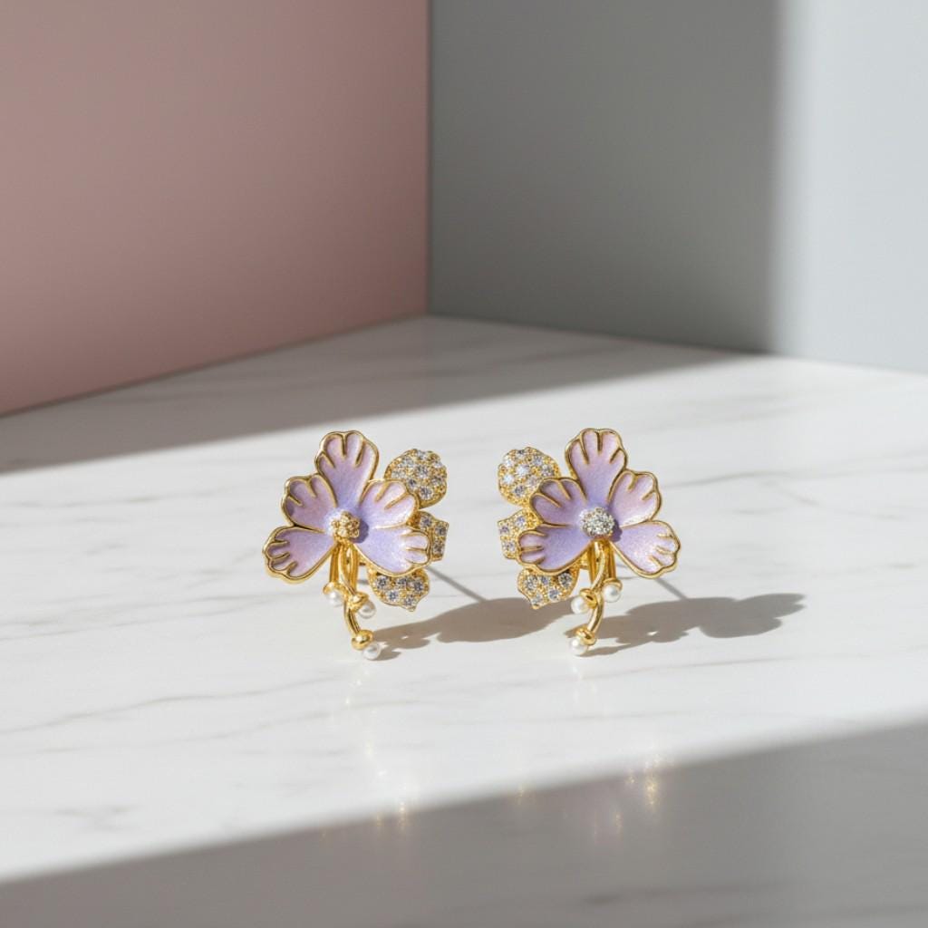 Hand-Enameled Lilac Earrings – Floral Pearl Drop Earrings