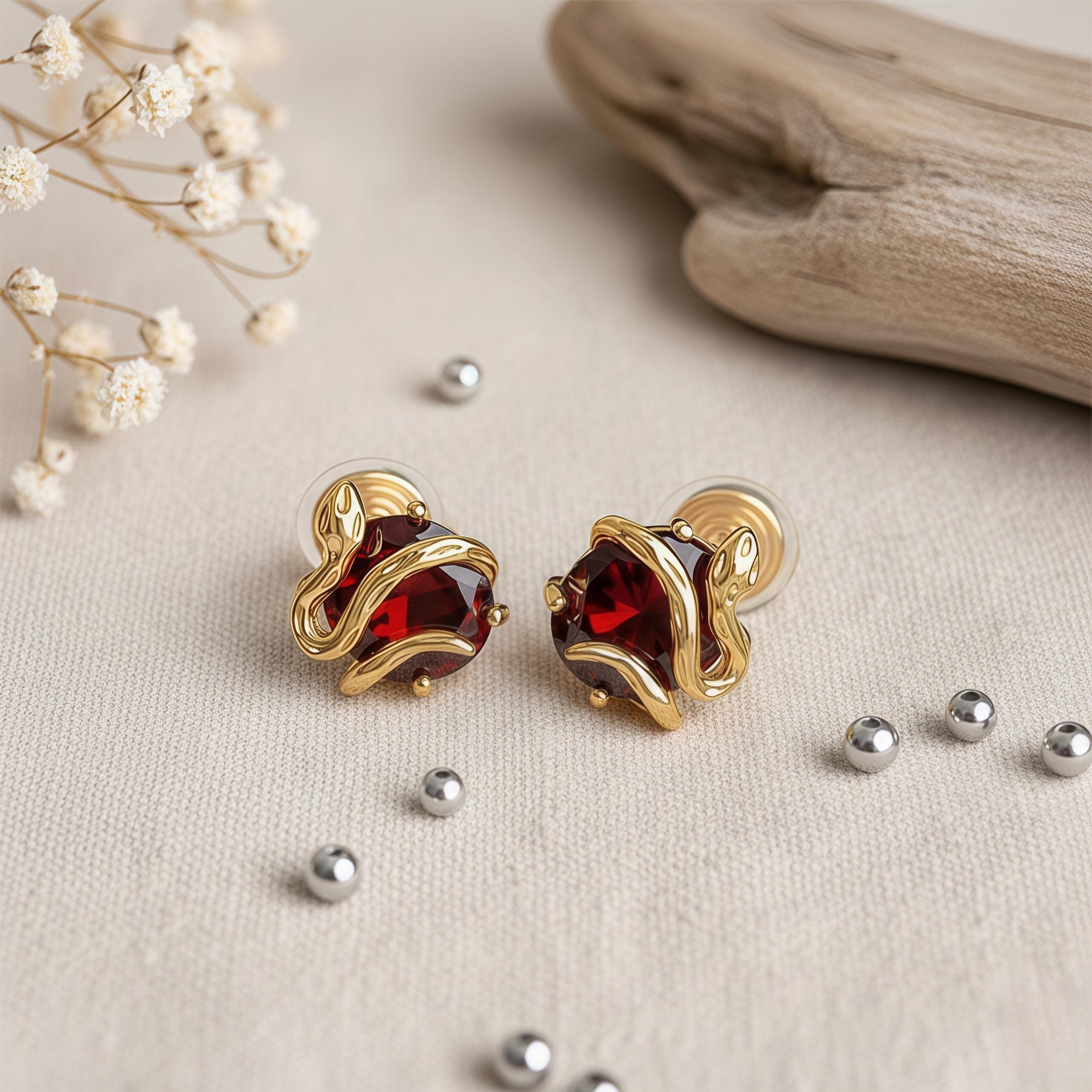 Vintage Snake Stud Earrings with Claret Red Zircon – 18K Gold Plated Serpent Jewelry