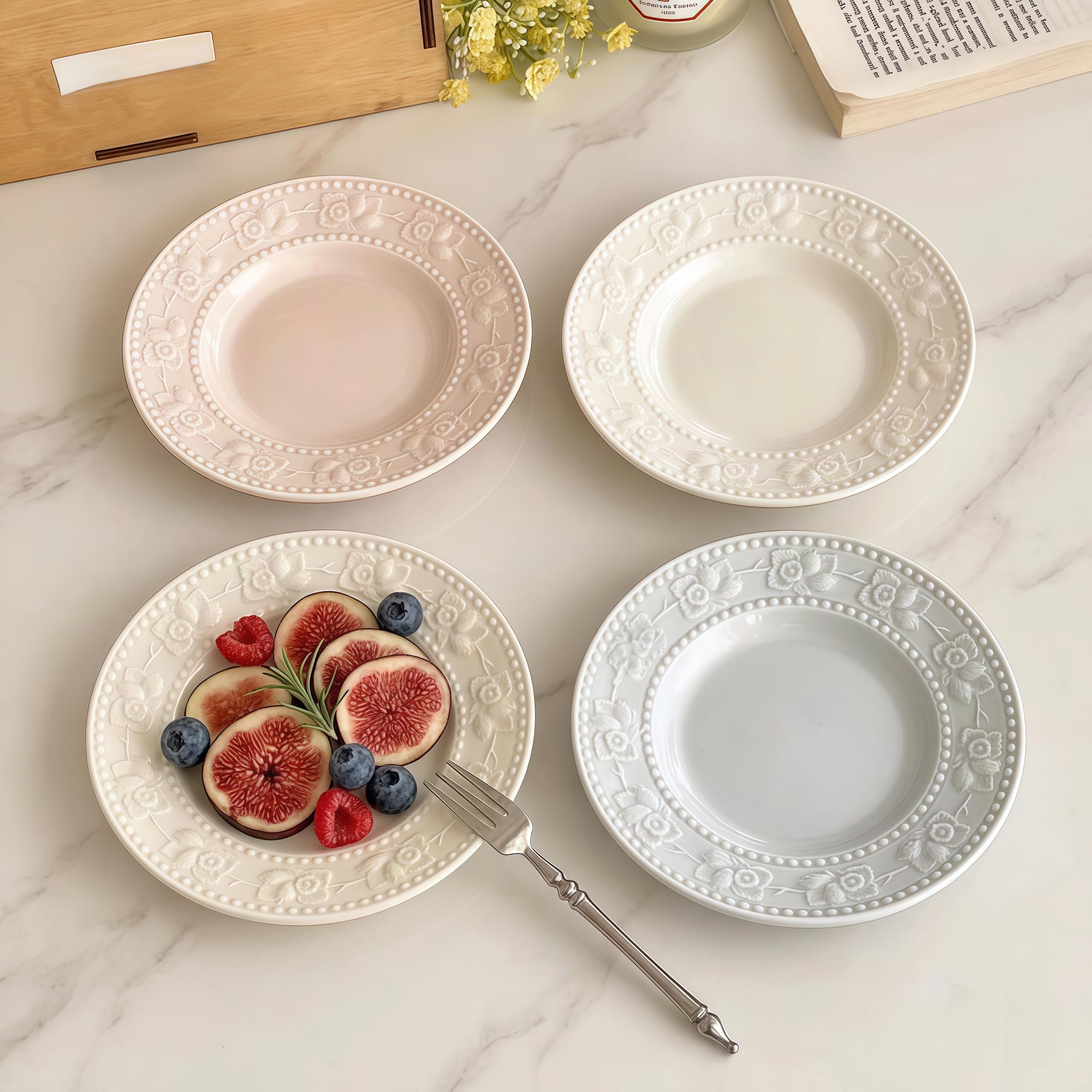Embossed Floral Ceramic Dessert Plate | Vintage French Style Snack Dish