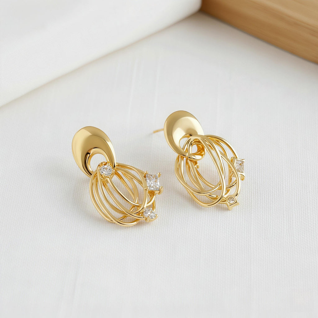 Abstract Geometric Orbital Stud Earrings – 18K Gold Plated Modern Art Earrings