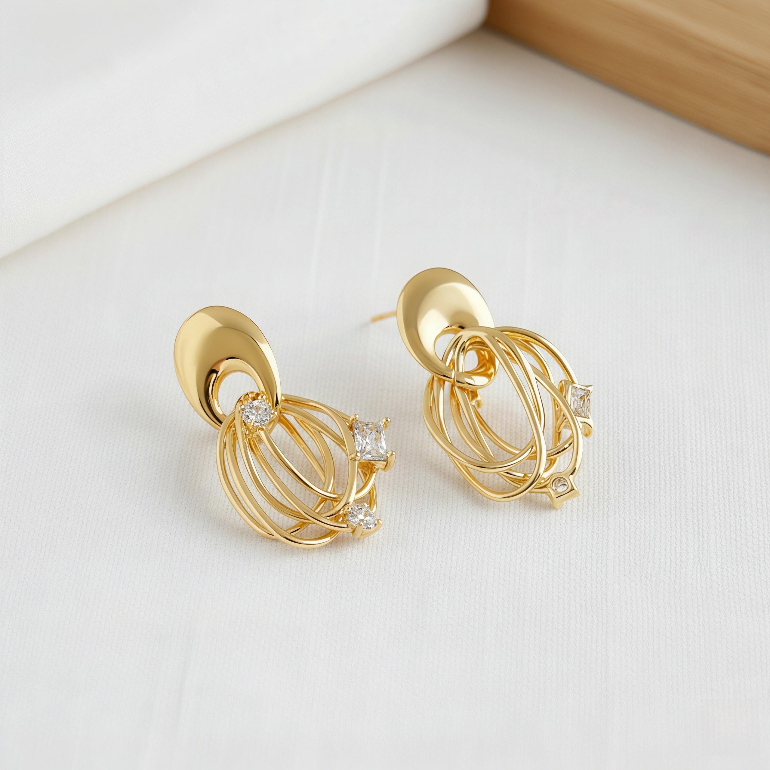 Abstract Geometric Orbital Stud Earrings – 18K Gold Plated Modern Art Earrings