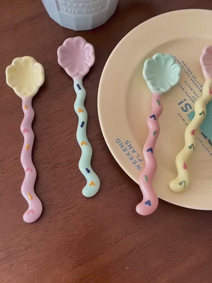 Whimsical Flower Ceramic Spoon | Pastel Dessert & Coffee Spoon